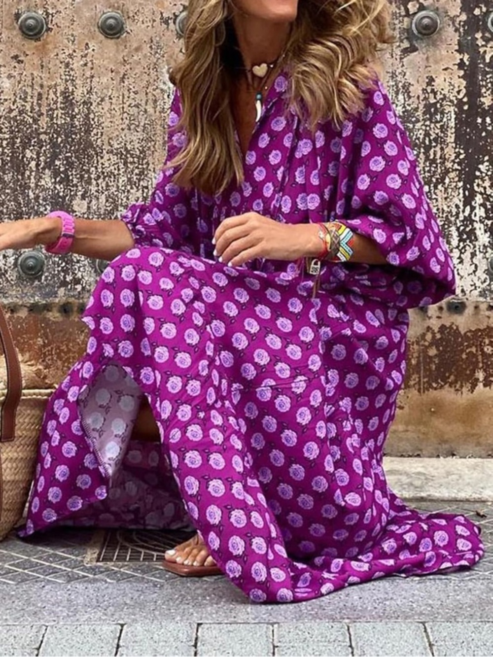 Elegant Purple Patterned Long Sleeve Dress